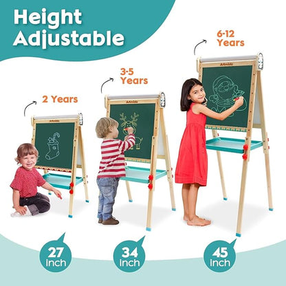 Children's Art Easel with Paper Roll,Double-Sided Whiteboard&Chalkboard,Adjustable Magnetic Standing Easel with Numbers and Other Accessories,Painting Easel for Girls Boys