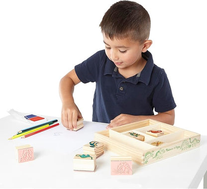 Melissa & Doug Wooden Stamp Set: Dinosaurs - 8 Stamps, 5 Colored Pencils, 2-Color Stamp Pad Kids Arts And Crafts, Washable Ink Pads For Kids, Dinosaur Stamps For Ages 4+ - FSC-Certified