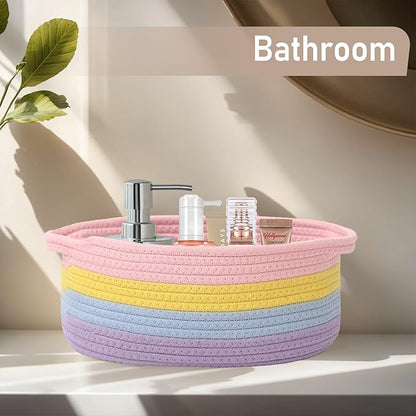 JMvicyroam Woven Basket,Small Rope Storage Bin with Handles & Ribbon Bag, Organizer for Shelves Closets,Gift Basket Empty for Birthday,Books,Dog Toys, Rainbow/3 Pack