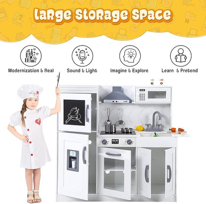 Wooden Play Kitchen with Cookware Accessories, Wooden Chef Pretend Play Set with, Wooden Cookware Pretend with Microwave, Oven, Sink, Real Lights & Sounds, White (201WA)