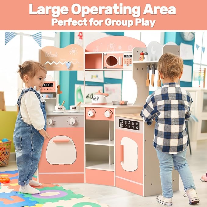 CUTE STONE Wooden Play Kitchen for Kids, Toddler Kitchen Playset with Coffee Machine, Cookware Accessories, Play Sink, Toy Kitchen Set for Boys Girls