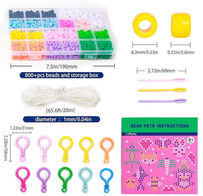 LORHAKI Bead Pets Kit, Art Craft Gift for Kids, Bead Animals Keychain Kit, Bead Art Craft Set for Beginners with Instructions, Pony Beads for Keychain Making Kit, DIY Jewelry Making Kit for Girls