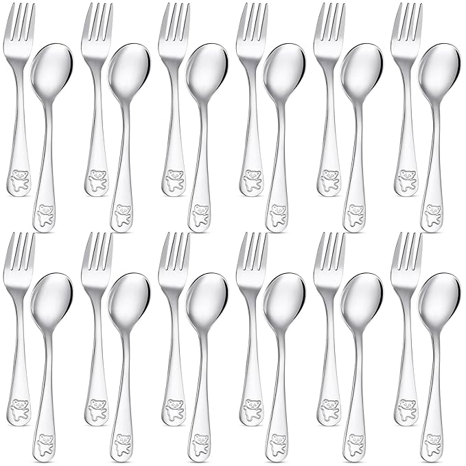 24 Pieces Stainless Steel Kids Silverware Bulk Toddler Metal Utensils Silverware Children's Safe Flatware 12 Set Preschool Toddler Kids Forks and Spoons(Silver)