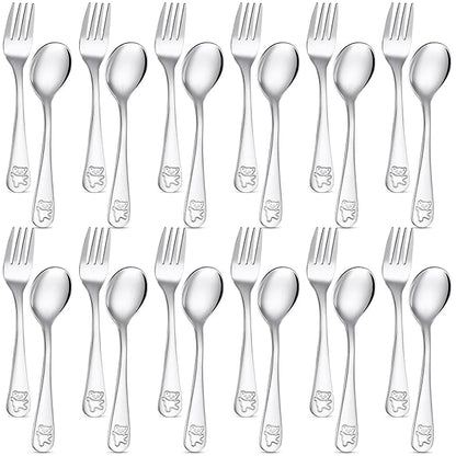 24 Pieces Stainless Steel Kids Silverware Bulk Toddler Metal Utensils Silverware Children's Safe Flatware 12 Set Preschool Toddler Kids Forks and Spoons(Silver)