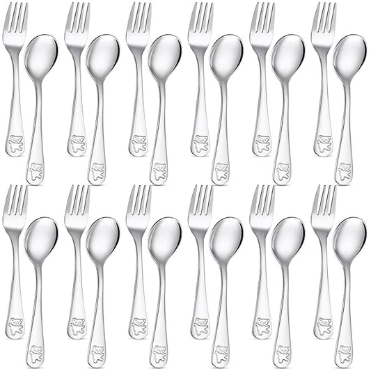 24 Pieces Stainless Steel Kids Silverware Bulk Toddler Metal Utensils Silverware Children's Safe Flatware 12 Set Preschool Toddler Kids Forks and Spoons(Silver)