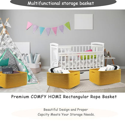 COMFY-HOMI Cotton Rope Woven Basket with Handles for Shelves,Toys,Book, Cloth Storage Baskets for Organizing-17" x 13" x 7.5" Toy Decorative Organizer for Living Room, Bathroom （Yellow）