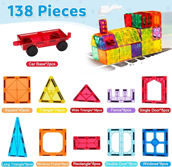 Ryoichi Magnetic Tiles,138PCS Magnet Building Set with 2 Cars,Magnetic 3D Blocks,Construction STEM Learning and Playing Toys for Kids, Montessori Toy for Boys Girls Toddlers 3 4 5 6 7 8 9+ Year Old