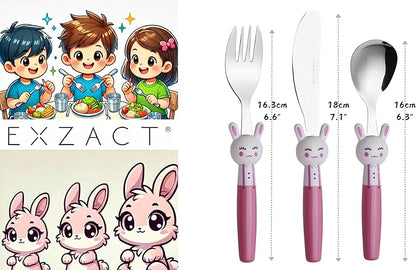 Exzact Children Flatware Pink Rabbit 6pcs Stainless Steel, Kids Silverware Toddler Utensils - BPA Free, Dishwasher Safe, 24M+