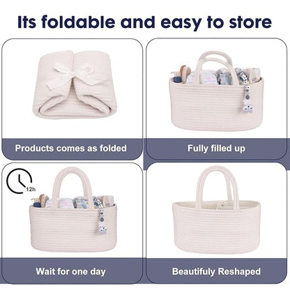 Baby Diaper Caddy Organizer for Girl Boy Cotton Rope Nursery Storage Bin Basket Portable Holder Tote Bag for Changing Table Car Travel Baby Shower Gifts Newborn Essentials Registry Must Haves White