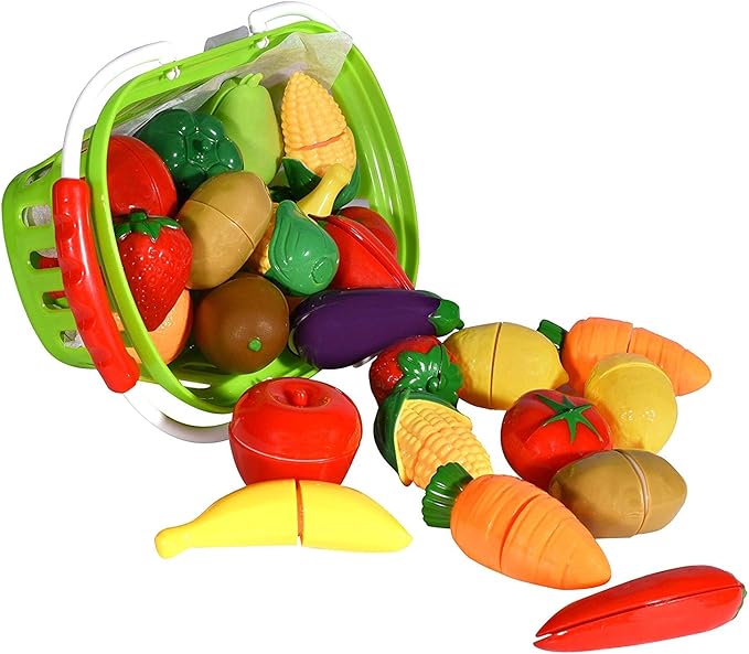 Playkidz: Fruit and Vegetables Basket Pretend Play Kitchen Food Educational Playset with Toy Knife, Cutting Board (32 Pieces of Food Toys)
