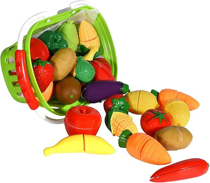 Playkidz: Fruit and Vegetables Basket Pretend Play Kitchen Food Educational Playset with Toy Knife, Cutting Board (32 Pieces of Food Toys)
