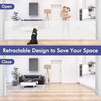 145 Inch Retractable Baby Gates Extra Wide Dog Gate for Extra Wide Openings Retractable Dog Gate Indoor Outdoor Retractable Gate Mesh Baby Gate Extra Long Baby Gate for Stairs, Doorways, White