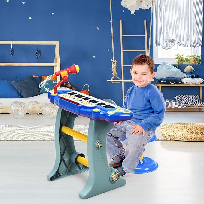 Costzon 37-Key Kids Piano Keyboard Toy, Toddler Electronic Musical Instrument Educational Toy w/Microphone, Multiple Sounds, Record Playback, Lights & Stool, Birthday Gift for Girls Boys Age 3+, Blue