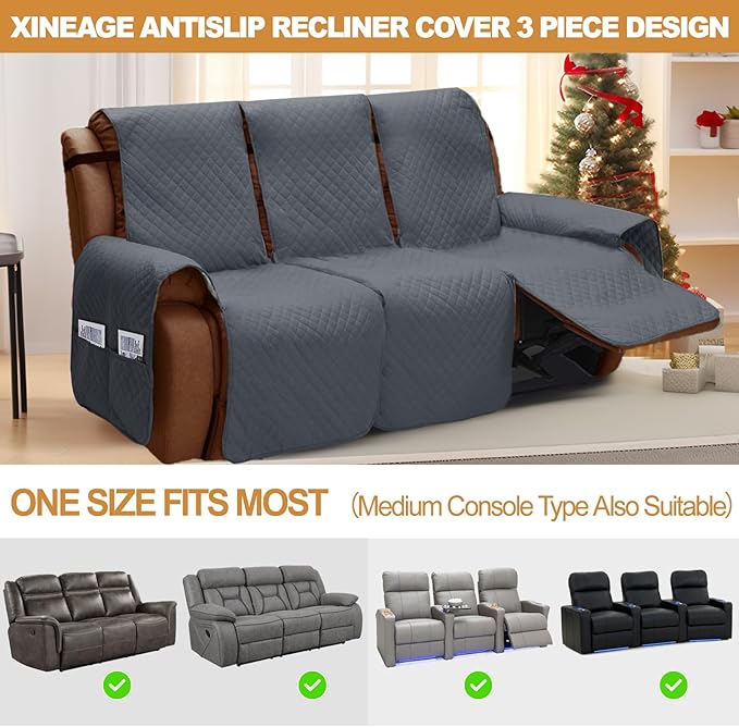 XINEAGE Water Resistant Recliner Cover, 3 seat Recliner Sofa Covers with Pockets, Quilted Thick Recliner Protector Cover for Dog Pets with Non Slip Backing and Strap (Recliner Sofa, Dark Gray)