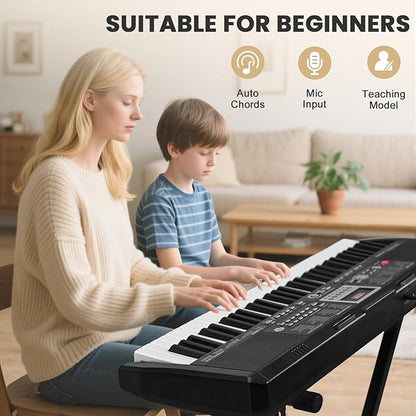 61 Key Electronic Keyboard Piano for Beginners, 200 Tones & Rhythms, with H Stand, Stool, Headphones, Microphone, Piano Note Stickers