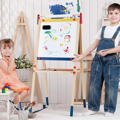 Costzon 3 in 1 Kids Art Easel with Paper Roll, Double Sided Dry Erase Chalkboard & Whiteboard, Height Adjustable Standing Easel with Storage, Painting Accessories, Magnetic Drawing Easel for Toddlers