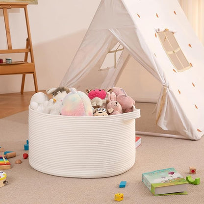 OIAHOMY 90L Blanket Basket for Living Room, Large Basket 23" x 23" x 13" with Handle, Laundry Hamper for Blankets, Pillows, Toy Storage for Kids, Dogs - White