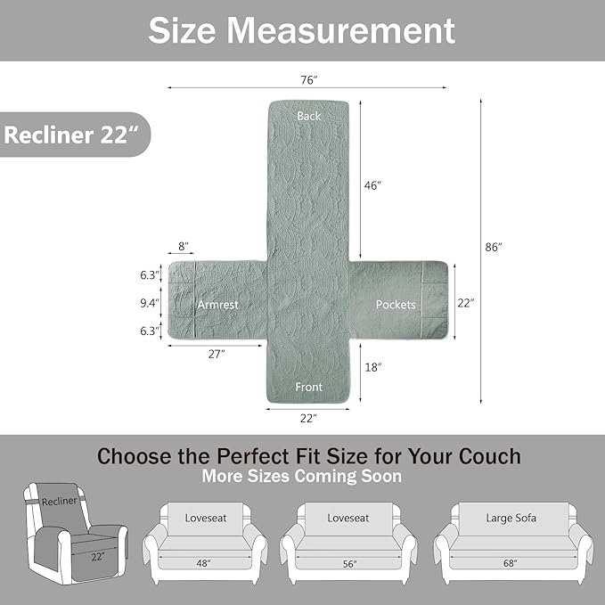 Green Quilted Recliner Covers, Water-Repellent Recliner Slipcovers, Recliner Covers Stay in Place, Pet Friendly Recliner Cover for Dogs, Washable Chair Protector (Recliner 22", Sage Green)