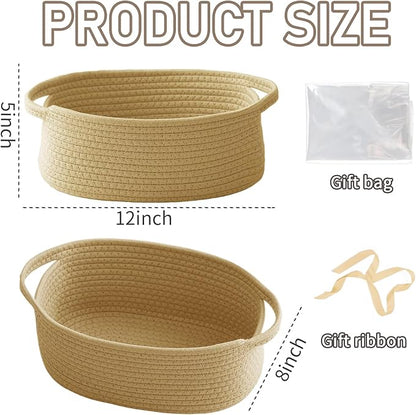 JMvicyroam Woven Basket,Small Rope Storage Bin with Handles & Ribbon Bag, Organizer for Shelves Closets,Gift Basket Empty for Birthday,Books,Dog Toys, Jute