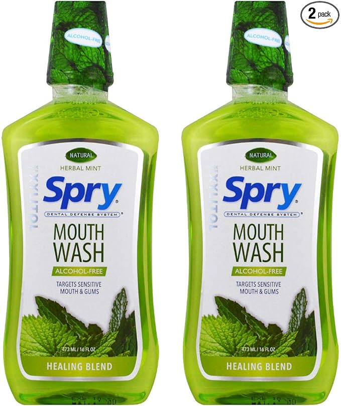 Spry Xylitol Mouthwash Fluoride Free with Enamel Support, Gentle, Natural Healing Herbal Mint - 16 fl oz (Pack of 2)