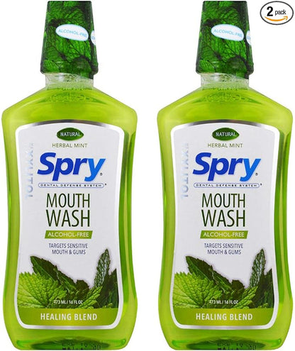 Spry Xylitol Mouthwash Fluoride Free with Enamel Support, Gentle, Natural Healing Herbal Mint - 16 fl oz (Pack of 2)