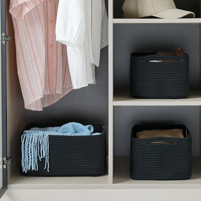 3-Pack Small Storage Baskets for Organizing | Woven Shelf Toy Basket | Rope Baskets for Gifts Empty | Closet Organizer Bins with Handles | Cube Decorative Box | 11.8×7.8×5.1” | Mixed Black