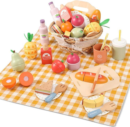 Picnic Playset, Wooden Play Food Set for Kids Kitchen, Cutting Pretend Play Kitchen Food Toy for Toddlers Girls Boys 1 2 3 4 5 Years Old