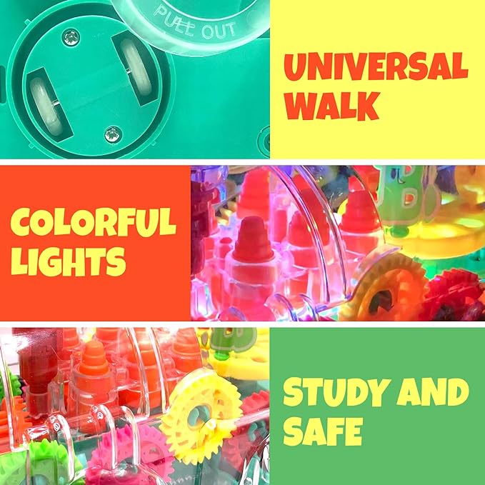 Transparent Train Toy - Fun and Interactive Electric Train Toy for Kids - Music Train with LED Light up - Colorful Moving Gears -Tummy Time Crawling Baby Toys for Boys Girls