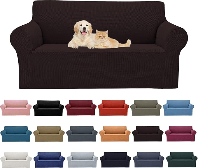 2025 New Stretch Loveseat Sofa Slipcovers Couch Cover for 2 Cushion Furniture Protector Sofa Covers with Elastic Bottom Jacquard Fabric Small Checks for Pets, Kids - Chocolate