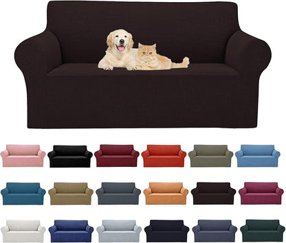 2025 New Stretch Loveseat Sofa Slipcovers Couch Cover for 2 Cushion Furniture Protector Sofa Covers with Elastic Bottom Jacquard Fabric Small Checks for Pets, Kids - Chocolate