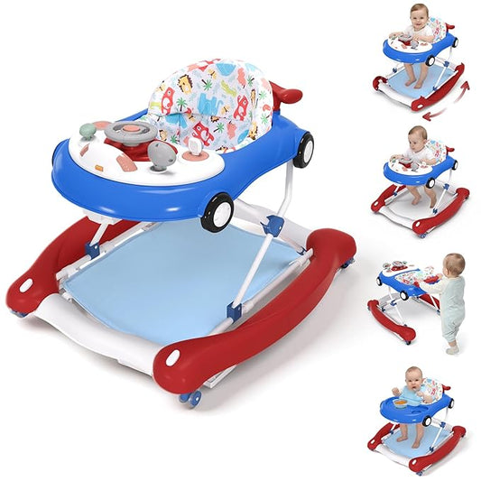 Baby Walker, 5-in-1 Baby Walker for Boys and Girls with Bouncer, Removable Footrest, Music, Foldable & Adjustable Speed Wheels Activity Walker for 6-18 Months Toddler Infant(Red Blue)