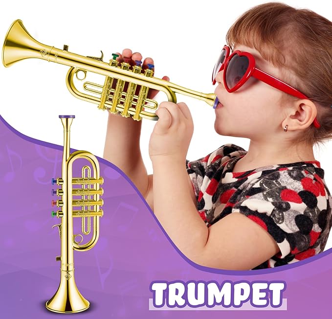 Lewtemi Gold Trumpet Musical Instruments Toy for Kid Toddler Fake Plastic Preschool Music Toy Gift Non-Professional Wind Instrument Early Educational Teaching Songs Gifts for Toddlers Children