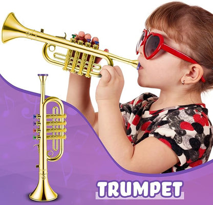 Lewtemi Gold Trumpet Musical Instruments Toy for Kid Toddler Fake Plastic Preschool Music Toy Gift Non-Professional Wind Instrument Early Educational Teaching Songs Gifts for Toddlers Children
