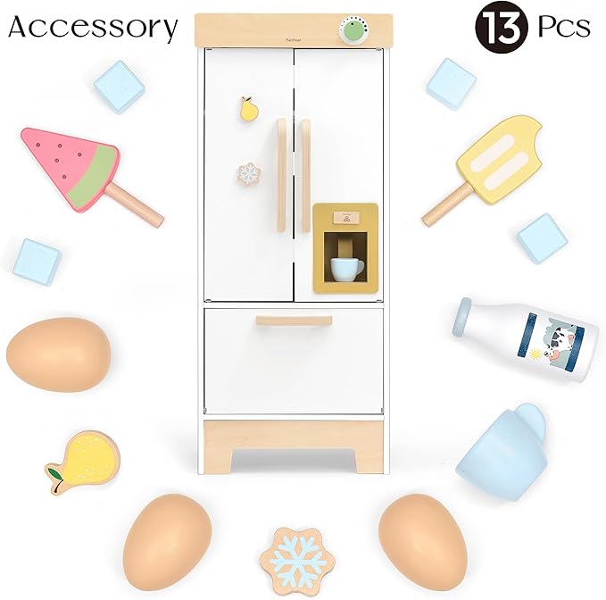 PairPear Kids Play Kitchen Toy Refrigerator, Wooden Toy Fridge Freezer Set for Kids, Toddler Kitchen Playset with Pretend Play Kitchen Acessories, Play Food Gift for Boys & Girls Age 3+