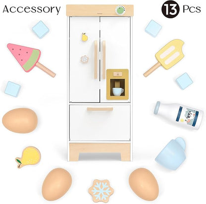 PairPear Kids Play Kitchen Toy Refrigerator, Wooden Toy Fridge Freezer Set for Kids, Toddler Kitchen Playset with Pretend Play Kitchen Acessories, Play Food Gift for Boys & Girls Age 3+