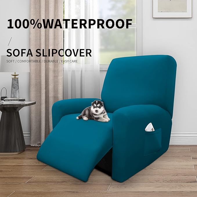 Easy-Going 100% Dual Waterproof Recliner Cover Stretch Soft Couch Cover for Dogs, Sofa Slipcover for Recliner Couch Leakproof Furniture Protector for Kids, Pets Peacock Blue