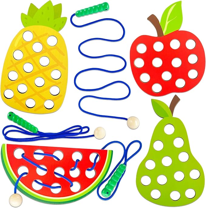 4 Pack Wooden Lacing Toy for Toddlers,Educational Threading Activity Puzzle Toys,Learning Fine Motor Skills Travel Game Toys for Kids 3-5,1 Pineapple,1 Pear,1 Apple,1 Watermelon