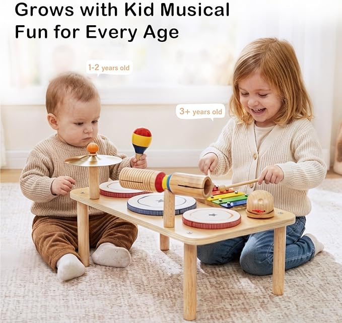 WINYGZ 9-in-1 Baby Drum Set, Low Noise Montessori Musical Instruments for Toddlers 1-3, Safe & Durable Wooden Music Toys for Quiet Sensory Play at Home, Great Birthday for Boys Girls