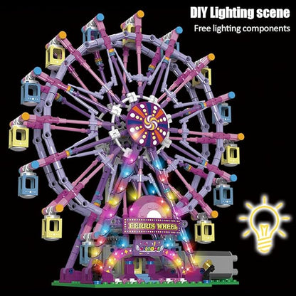 Rotating Ferris Wheel Building Blocks Kit,with Lights Amusement Park Building Construction Toys Set for 6+ Year Boys.Girls.Adult(870 Pieces) Pink
