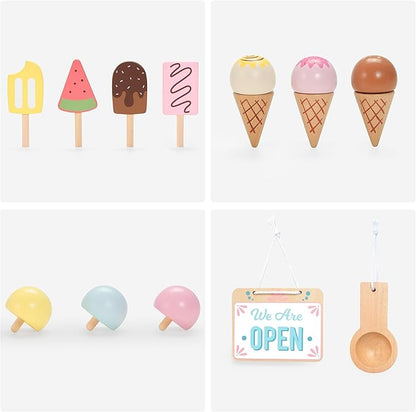 PairPear Wooden Ice Cream Cart for Kids Pretend Play Grocery Store, Ice Cream Truck with Wheels, 2 in 1 Wooden Toy Food Cart Toddler Play Kitchen Gift for Boys Girls 3+