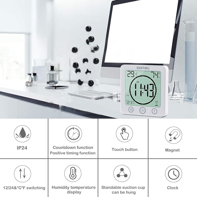 Digital Shower Clock, Bathroom Timer Clock, Waterproof for Water Spray, Count Up Count Down Alarm, Touch Screen Timer, Temperature Humidity, Wall Clock Magnet, Suction Cup, Hang, Stand (1pack)