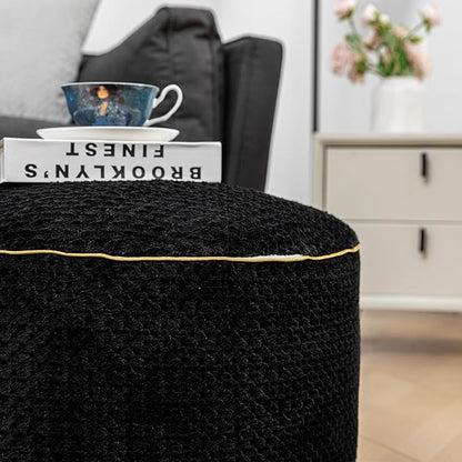 Round Stuffed Pouf Ottoman 20x20x12 Inches Faux Fur Ottoman Foot Rest Under Desk Foot Stool Great for Living Room Bedroom Small Furniture (Black)