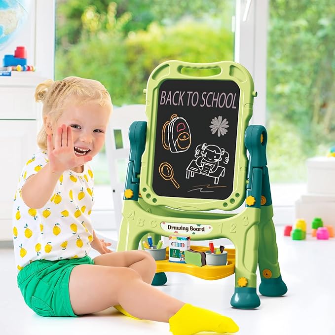 Amagoing Easel for Kids, Adjustable Standing Art Easel for Toddler, Double Magnetic Drawing Board with Painting Accessories, Birthday Christmas Gift for Little Boys and Girls, Middle Size (Green)
