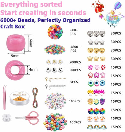 Jewelry Making Bead Kit, 6000 PCS Polymer Clay & Pony Beads, 24 Colors, 4 Letter Bead Styles, More Charms, Organizer Box, Bracelet Kit, Gift for Friends