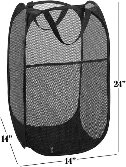BATTOO Strong Mesh Pop Up Hampers for Laundry, Collapsible Laundry Baskets with Side Pocket Carry Handles for Laundry Room, Bathroom, Kids Room, College Dorm or Travel Black