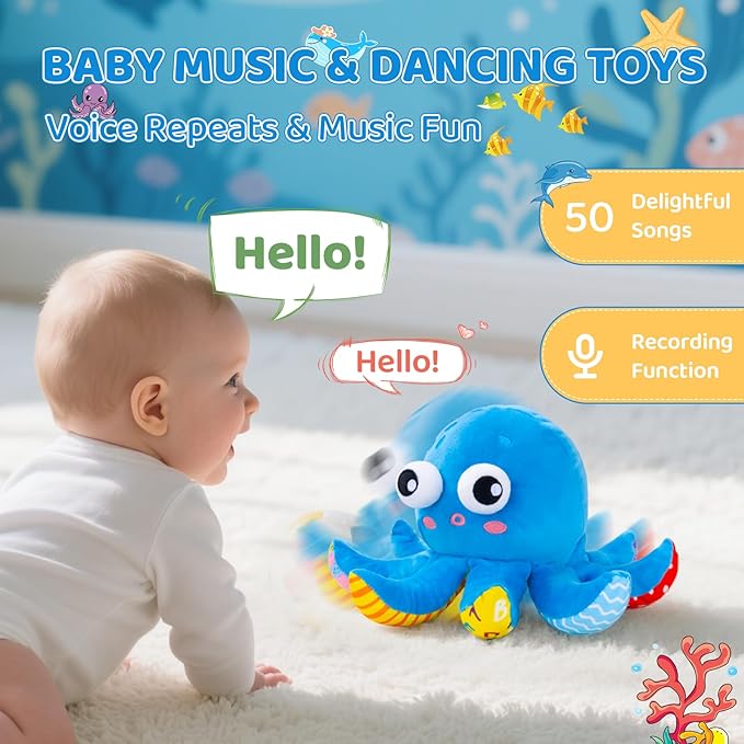 Baby Toys 6-12 Months, Musical Crawling Toys Bouncing Dancing Octopus Plush Toys 12-18 Months, 50 Songs & Recording Feature, Interactive Toddler Toys Age 1-2 Tummy Time Toys for 1 Yr Old Boys Infants