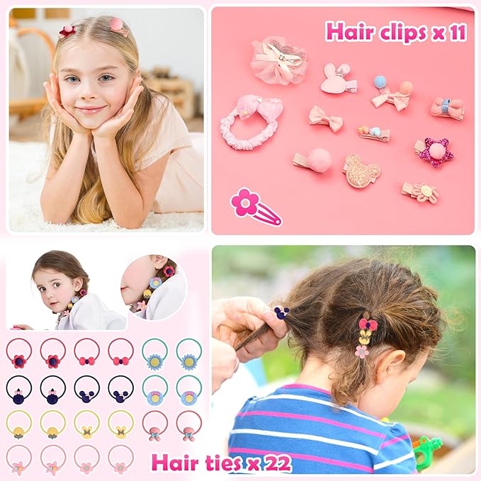 Kids Jewelry Toys for Girls Age 3 4 5 6 7 8 9 10, Toddler Dress Up Toy, Pretend Play Jewelry Set, Princess Jewelry with Hair Clips, Hair Ties, Toddler Girl Toys, Christmas Birthday Gifts for Girls