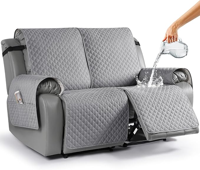 TAOCOCO Loveseat Recliner Cover Non-Slip Sofa Slipcover, Pet Cover for Loveseat Recliner with Elastic Straps, Washable Reclining Loveseat Cover Recliner Furniture Protector (2 Seater, Light Gray)