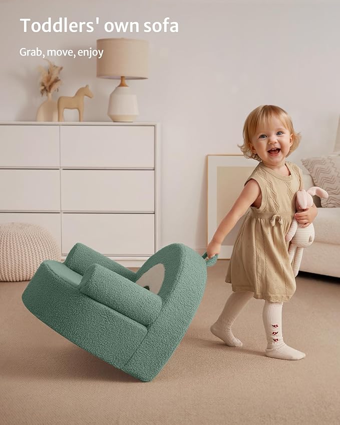 Blissful Diary Toddler Chair Comfy, Foam Kids Chair with Soft Teddy Plush, Toddler Reading Armchair with Cute Rainbow Designs- Sage Green