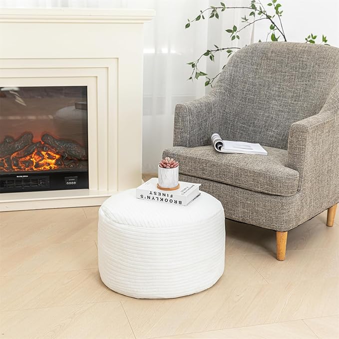 Pouf Ottoman Stuffed 20x20x12 Inches Floor Pouf Plush Fiber Ottoman Foot Rest Under Desk Foot Stool for Living Room Bedroom (White Stripe Pouf with Filler)